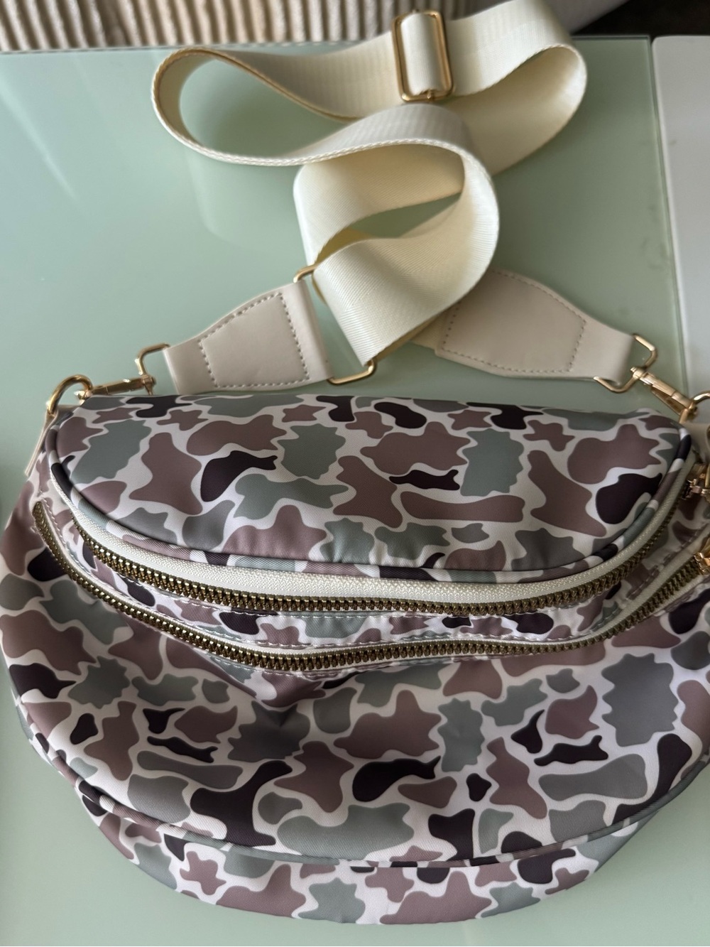 Neutral Camo Crossbody Bag with Cream Strap